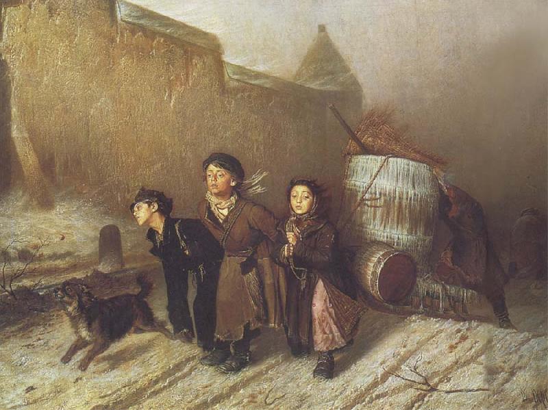 Vasily Perov Apprentices Pulling a Water Barrel France oil painting art
